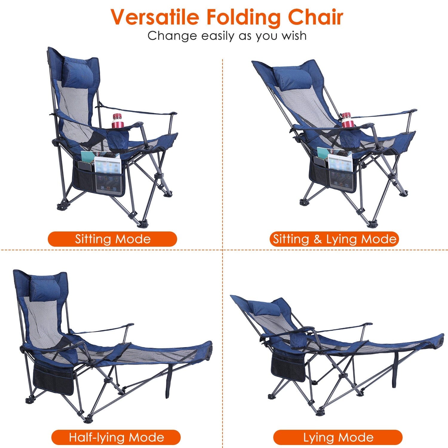 Foldable Camping Chair Heavy Duty Steel Lawn Chair with Reclining Backrest Angle Sports & Outdoors - DailySale