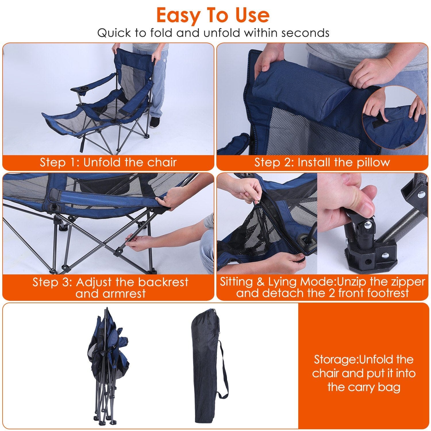 Foldable Camping Chair Heavy Duty Steel Lawn Chair with Reclining Backrest Angle Sports & Outdoors - DailySale