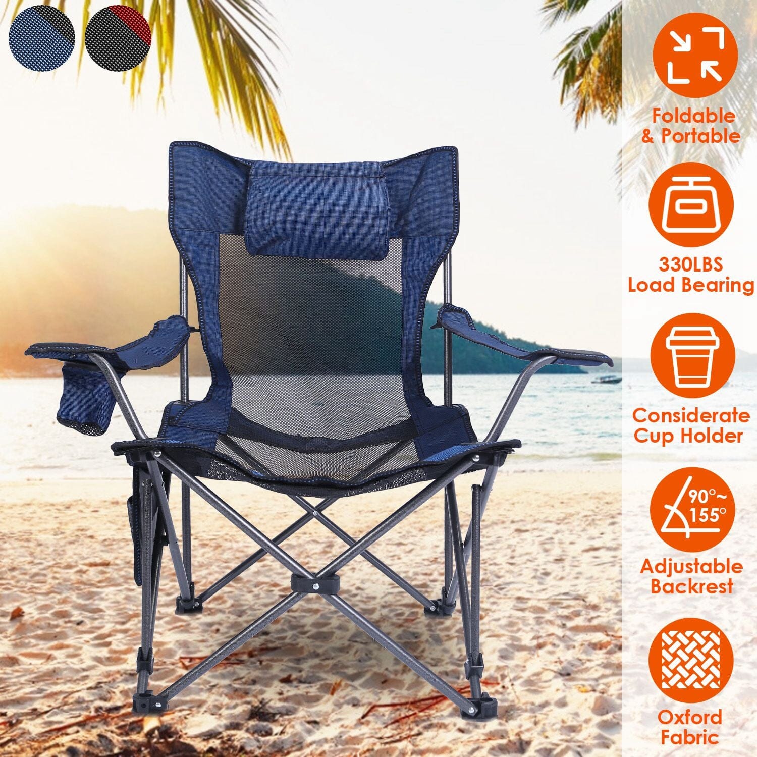 Foldable Camping Chair Heavy Duty Steel Lawn Chair with Reclining Backrest Angle Sports & Outdoors - DailySale