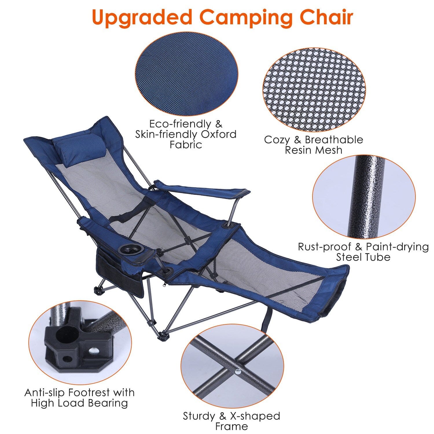 Foldable Camping Chair Heavy Duty Steel Lawn Chair with Reclining Backrest Angle Sports & Outdoors - DailySale