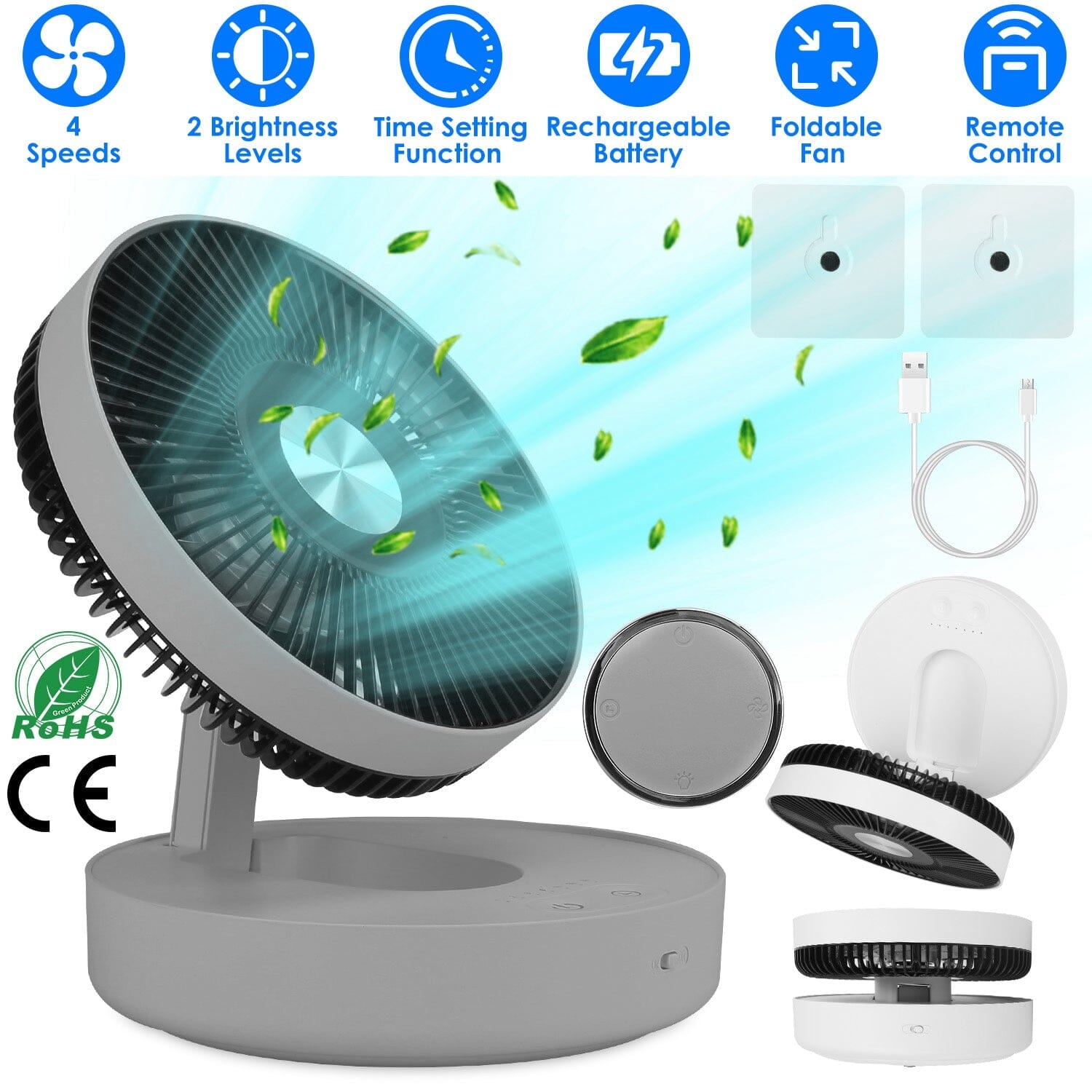 Foldable Rechargeable LED Desk Fan Wall Mounted with Magnetic Remote Household Appliances - DailySale