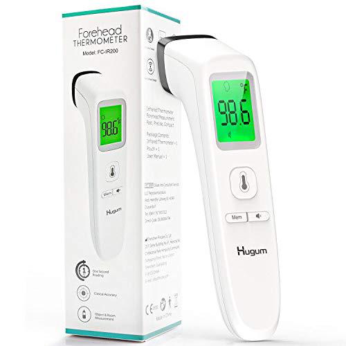 3/4 front view of Forehead Thermometer Non-Contact Infrared Thermometer FC-IR200 next to packaging box