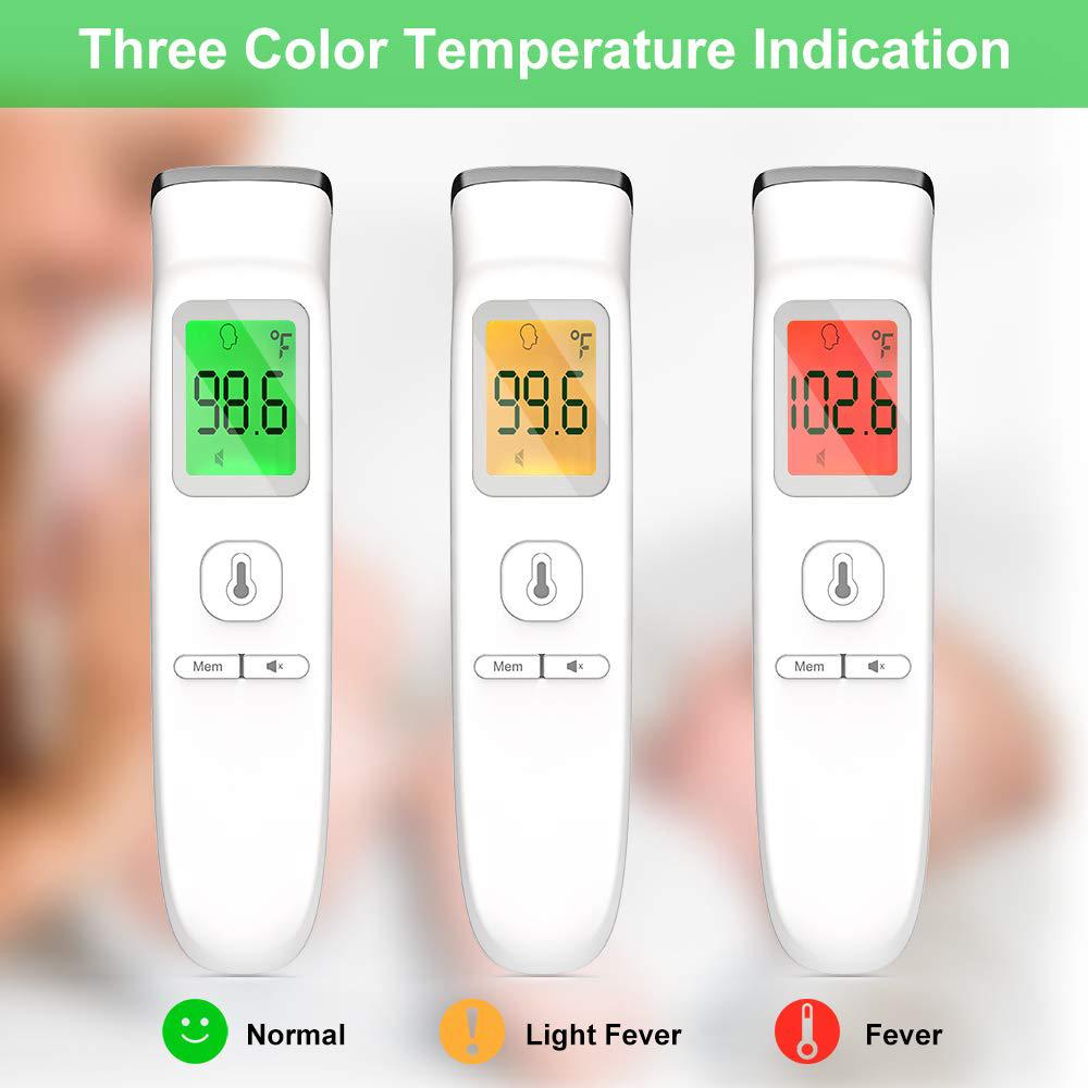 Front view of Forehead Thermometer Non-Contact Infrared Thermometer FC-IR200 showing three-color display for normal temperature, light fever, and fever