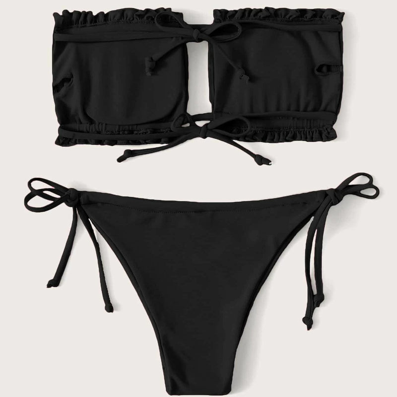 Frill Trim Bandeau Tie Side Bikini Swimsuit Women's Lingerie Black S - DailySale