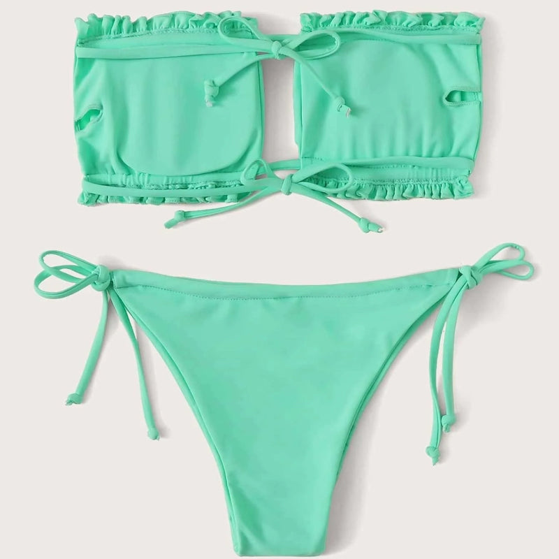 Frill Trim Bandeau Tie Side Bikini Swimsuit Women's Lingerie Mint S - DailySale