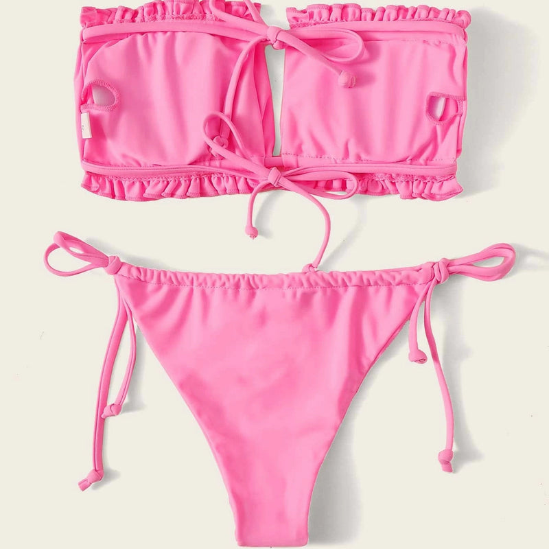 Frill Trim Bandeau Tie Side Bikini Swimsuit Women's Lingerie Pink S - DailySale