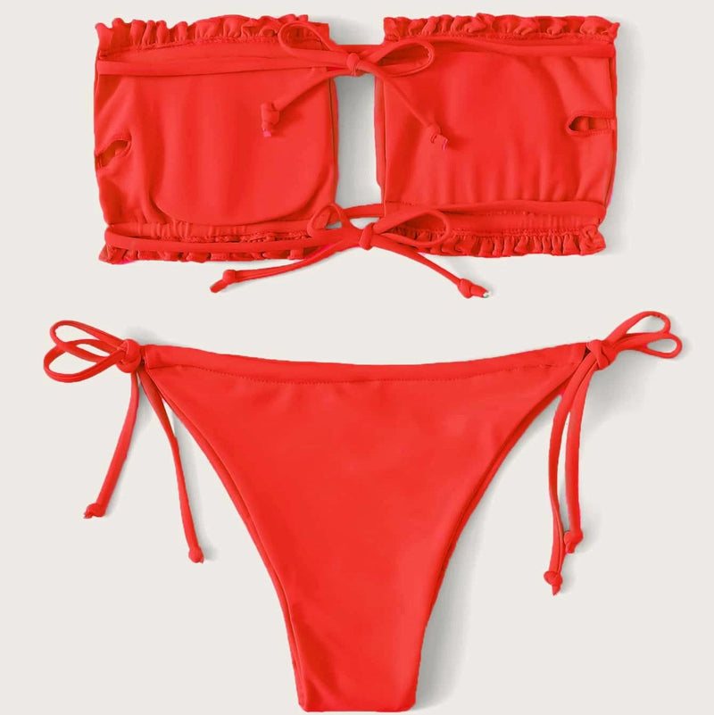 Frill Trim Bandeau Tie Side Bikini Swimsuit Women's Lingerie Red S - DailySale
