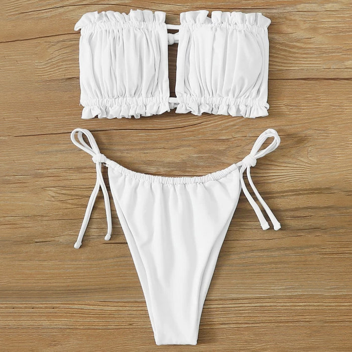 Frill Trim Bandeau Tie Side Bikini Swimsuit Women's Lingerie White S - DailySale