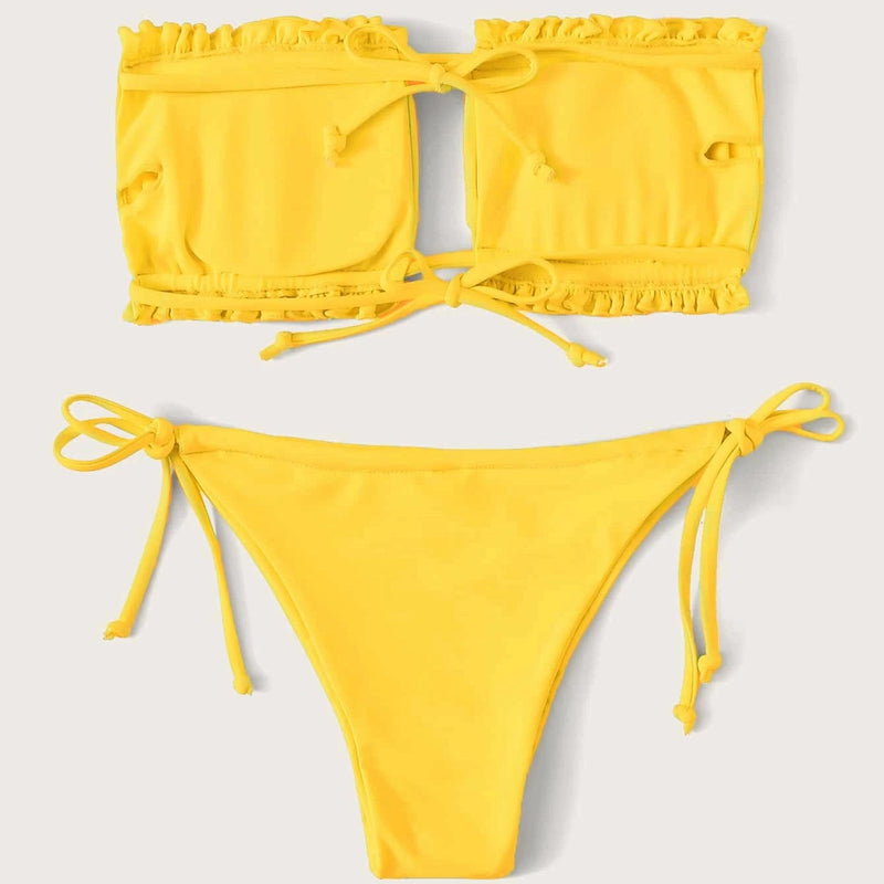 Frill Trim Bandeau Tie Side Bikini Swimsuit Women's Lingerie Yellow S - DailySale