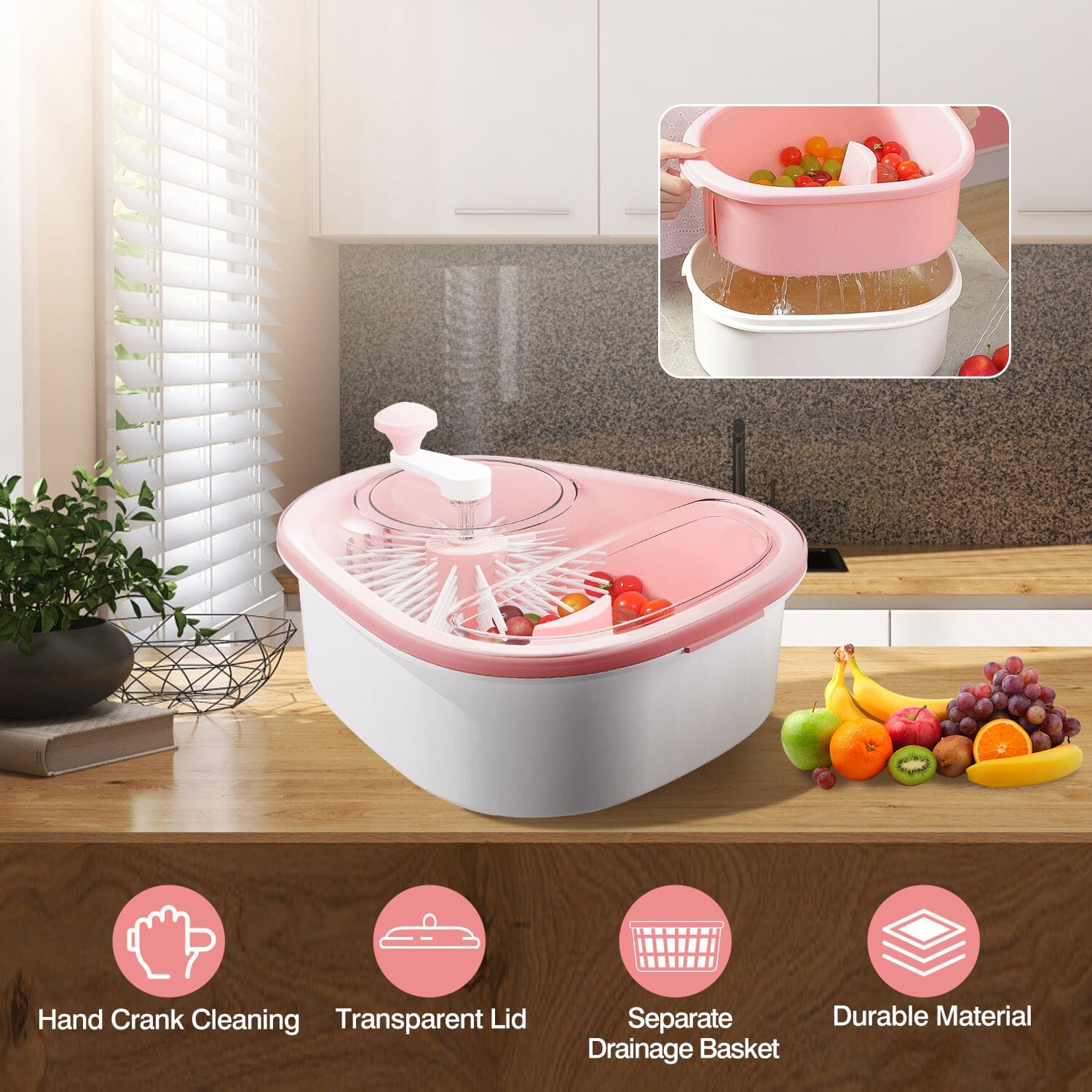 Fruit, Vegetable Manual Washing Spinner with Brush Hand Crank