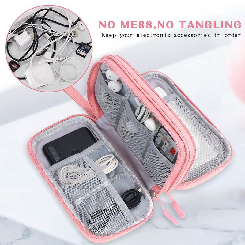 Pink FYY Double Layer Electronic Organizer fully unzipped, showing its contents with an inset showing a mess of cables
