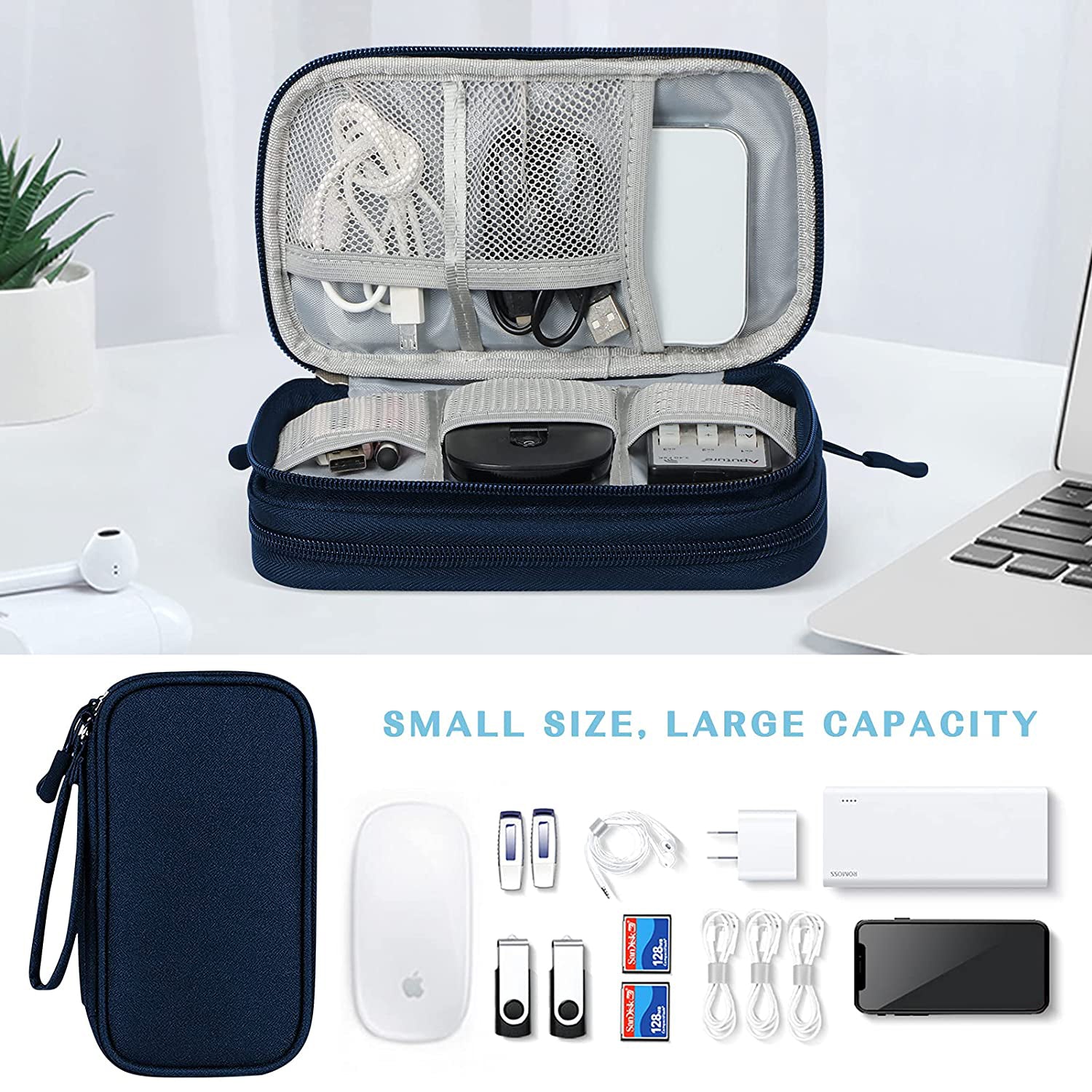 Navy FYY Double Layer Electronic Organizer unzipped, with an inset showing its full contents spread out over a table