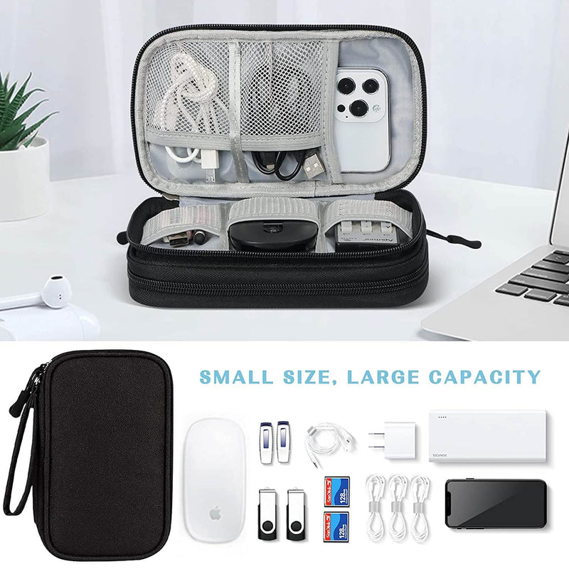 Black FYY Double Layer Electronic Organizer unzipped, with an inset showing its full contents spread out over a table