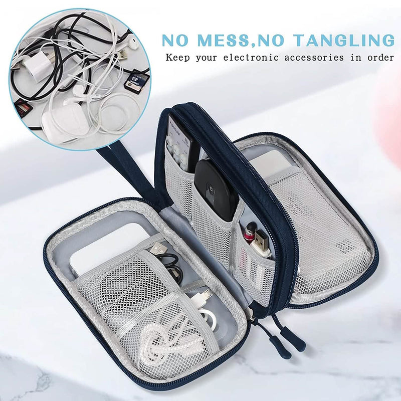 Navy FYY Double Layer Electronic Organizer fully unzipped, showing its contents with an inset showing a mess of cables