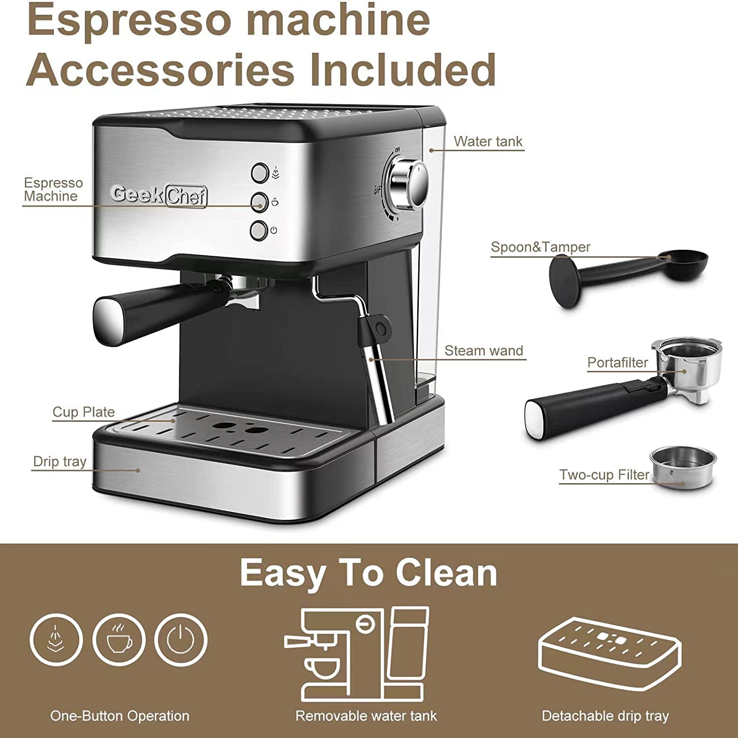 Geek Chef Espresso Machine Coffee with Milk Frother Steam Wand