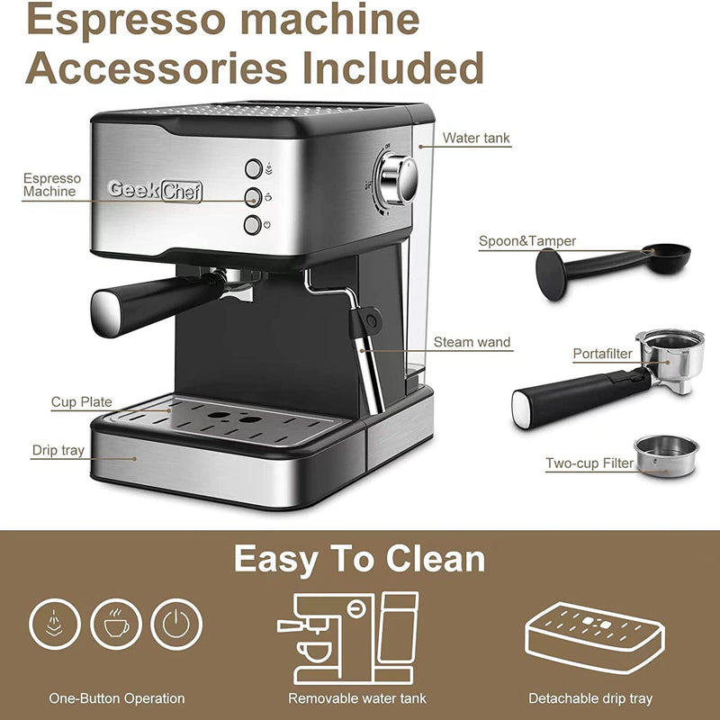 Geek Chef Espresso Machine Coffee with Milk Frother Steam Wand Kitchen Appliances - DailySale