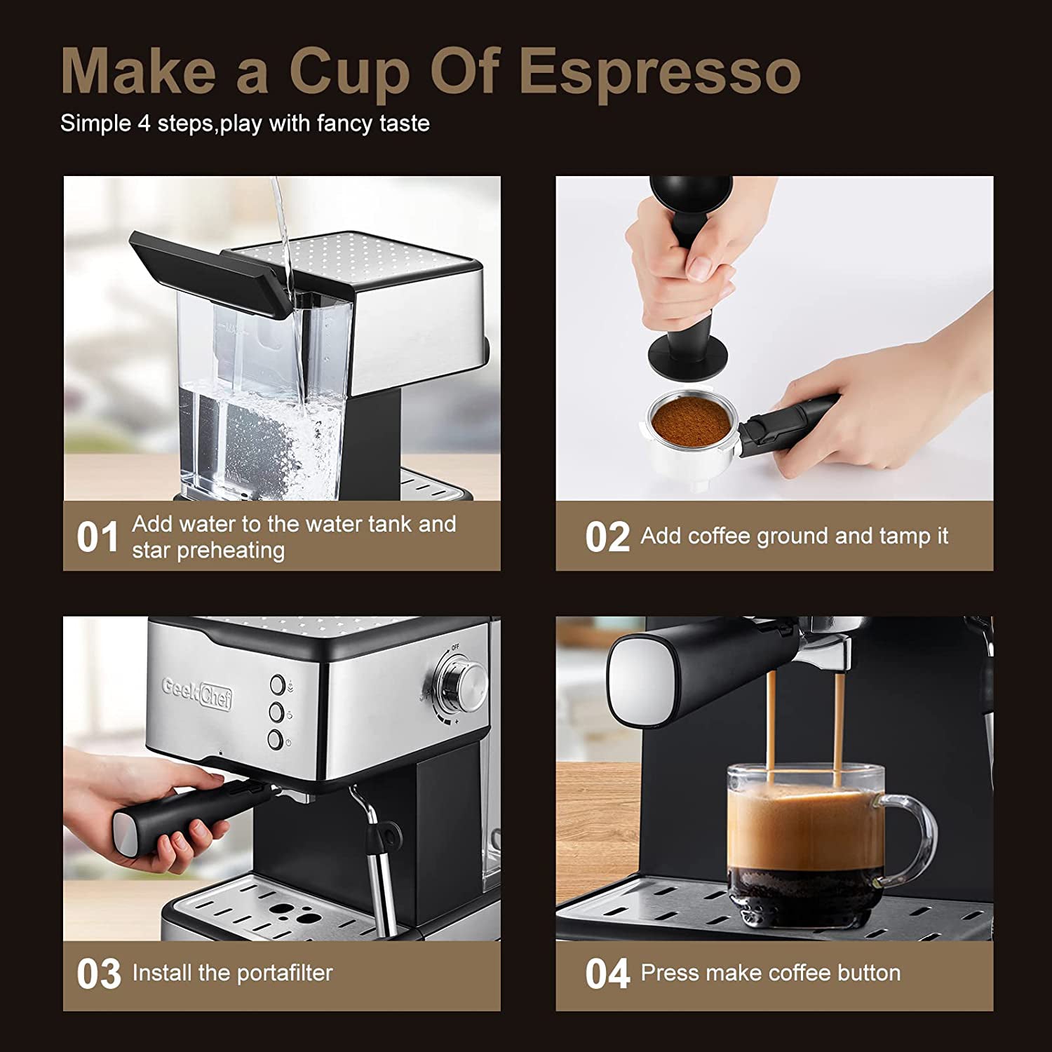 Geek Chef Espresso Machine Coffee with Milk Frother Steam Wand