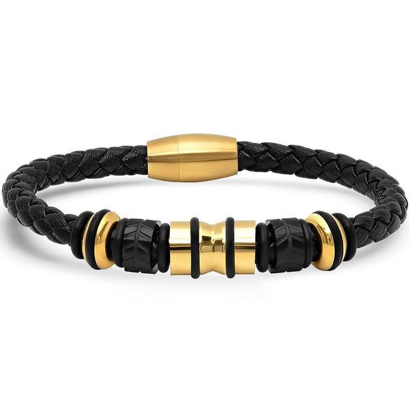 Genuine Black Leather Braided Bracelet With Stainless Steel Accents for Men Jewelry Gold - DailySale