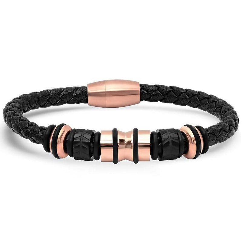 Genuine Black Leather Braided Bracelet With Stainless Steel Accents for Men Jewelry Rose Gold - DailySale