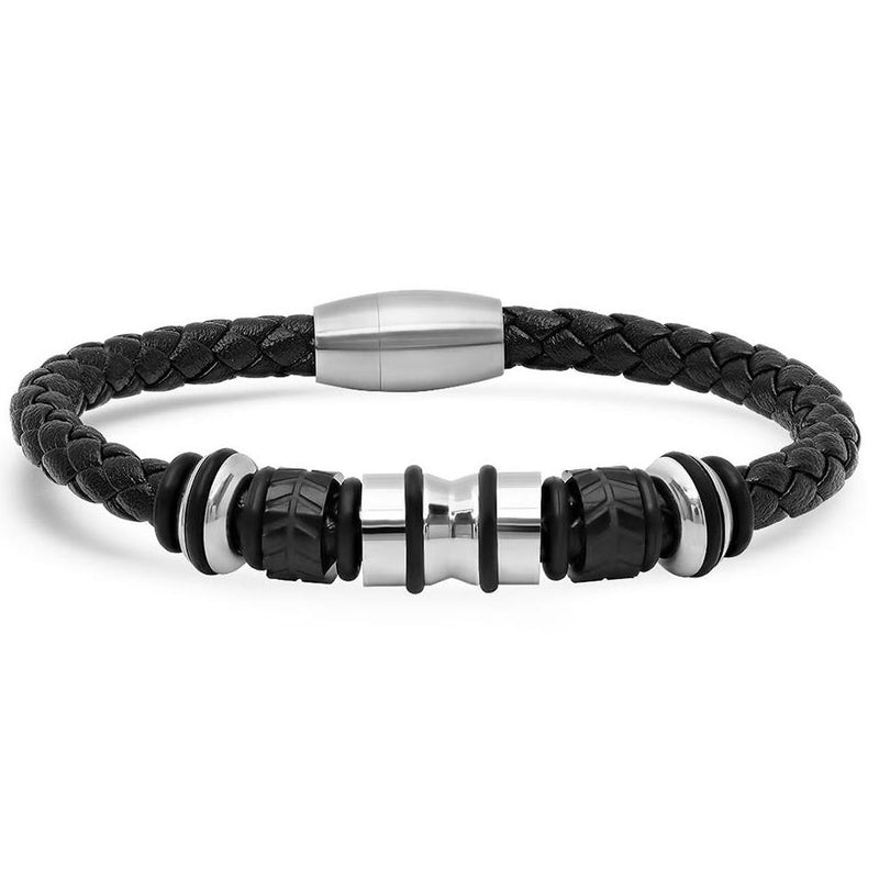 Genuine Black Leather Braided Bracelet With Stainless Steel Accents for Men Jewelry Silver - DailySale