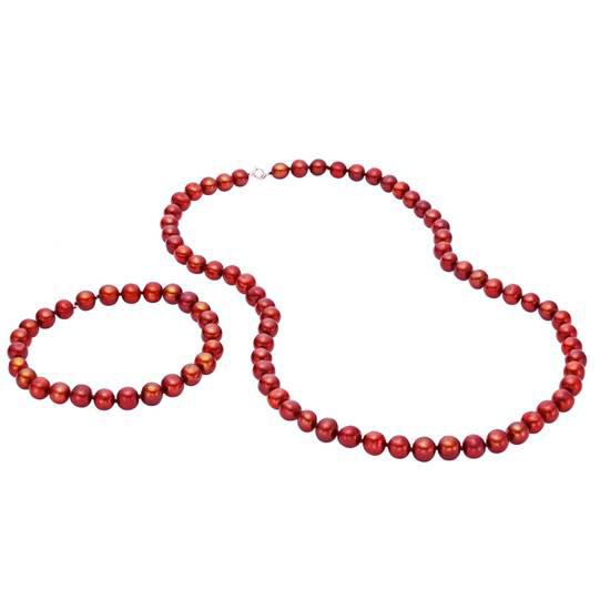 Genuine Freshwater Pearl Necklace And Bracelet Set Necklaces Red - DailySale