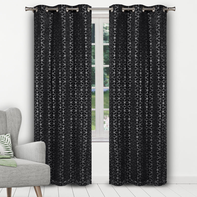Geometric Pattern Blackout Thermal Window Curtain Pair Panel Furniture & Decor Black - DailySale
