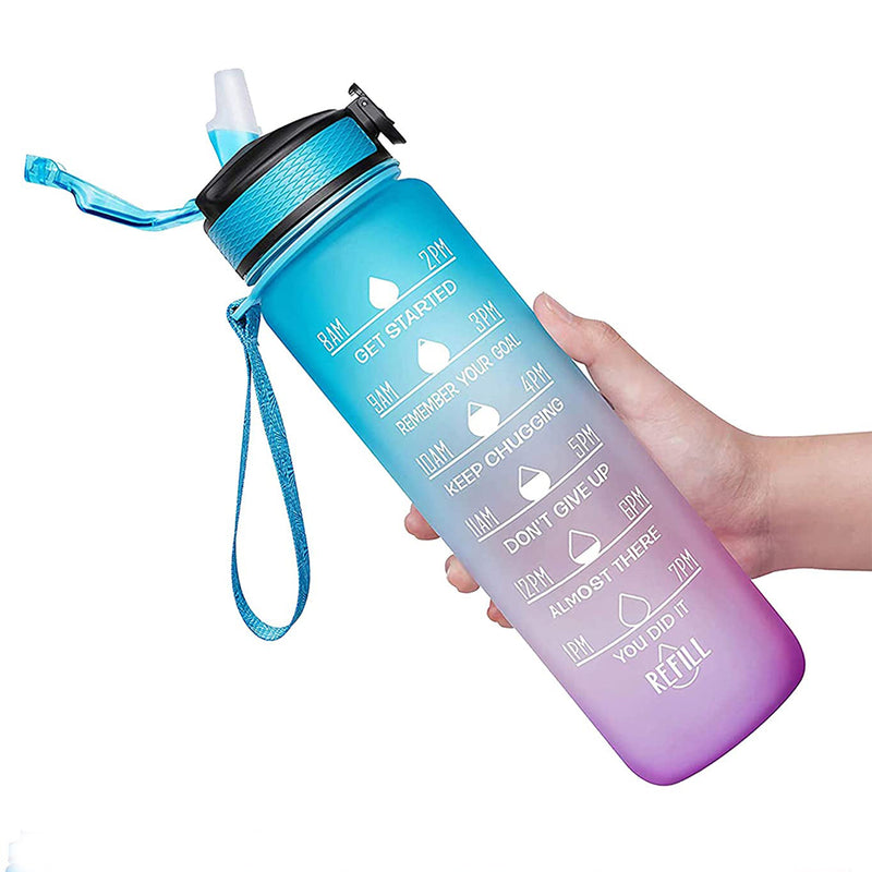 32 oz Sports Water Bottle with Straw Motivational Time Marker Leakproof BPA Free, Blue
