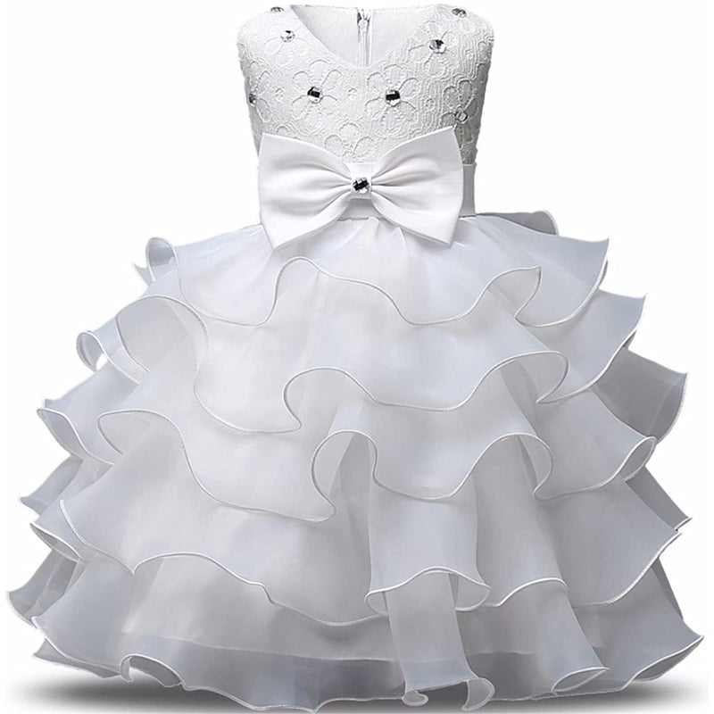 Girl Dress Kids Ruffles Lace Party Wedding Gown Kids' Clothing White 6-12 Months - DailySale