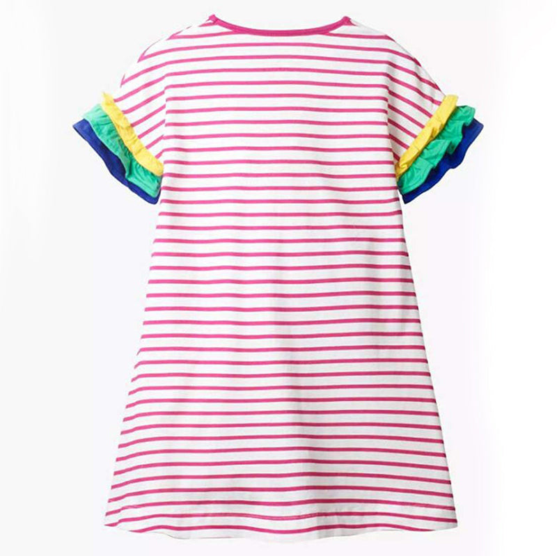 Girls Cotton Long Sleeve Casual Cartoon Appliques Striped Jersey Dress Kids' Clothing - DailySale