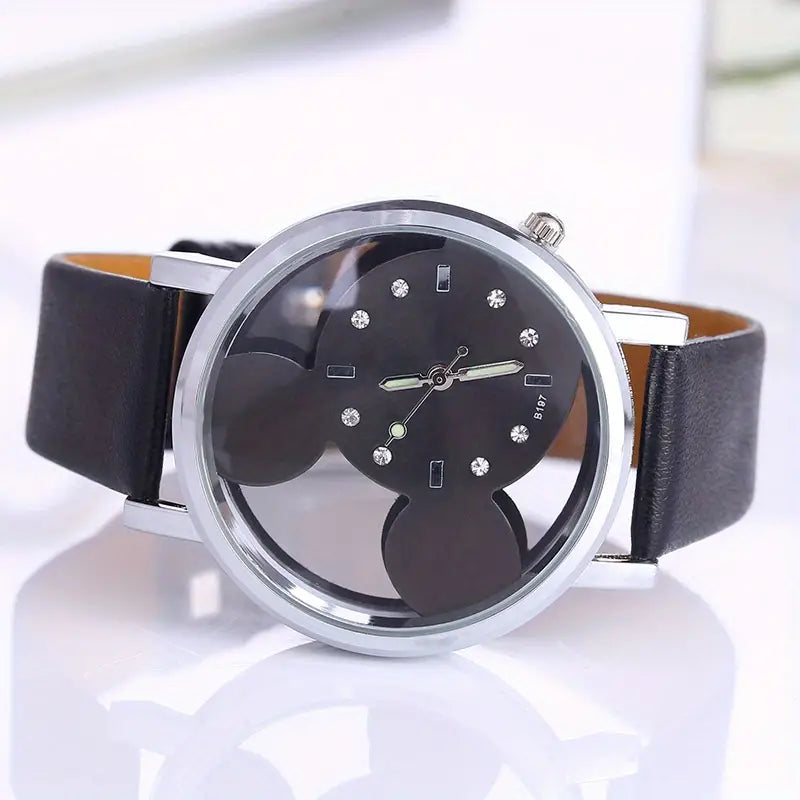Girls Cute Elegant Hollow Out Mouse Quartz Watch With Faux Leather Band Women's Shoes & Accessories Black - DailySale