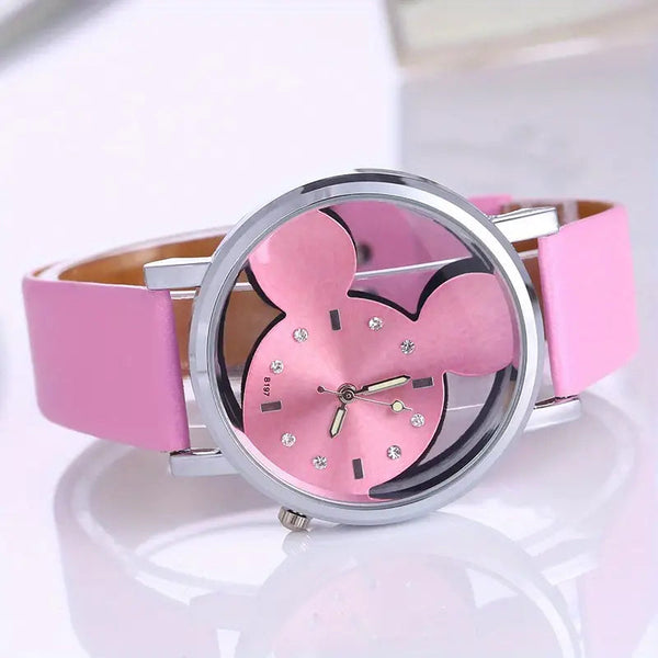 Girls Cute Elegant Hollow Out Mouse Quartz Watch With Faux Leather Band Women's Shoes & Accessories Pink - DailySale