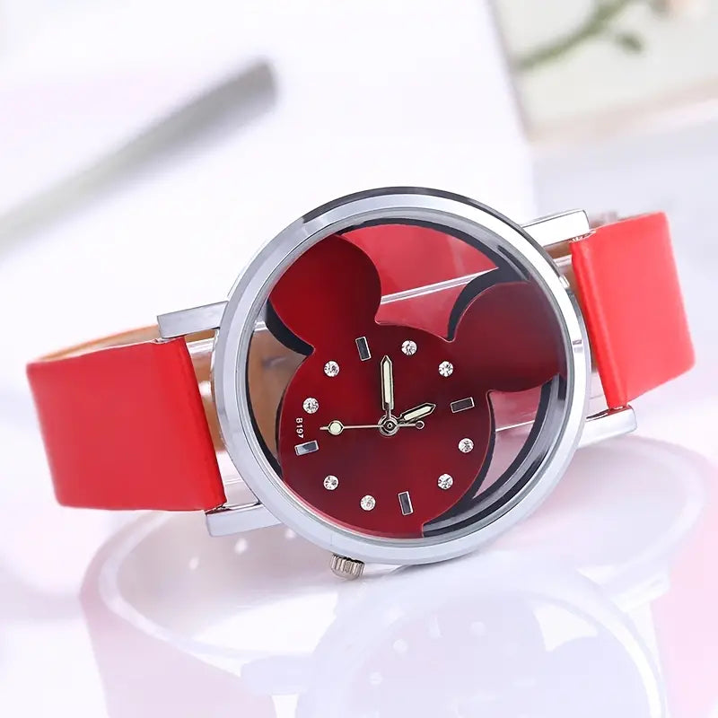 Girls Cute Elegant Hollow Out Mouse Quartz Watch With Faux Leather Band Women's Shoes & Accessories Red - DailySale