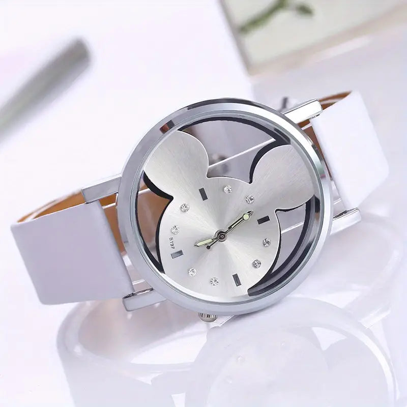 Girls Cute Elegant Hollow Out Mouse Quartz Watch With Faux Leather Band Women's Shoes & Accessories White - DailySale