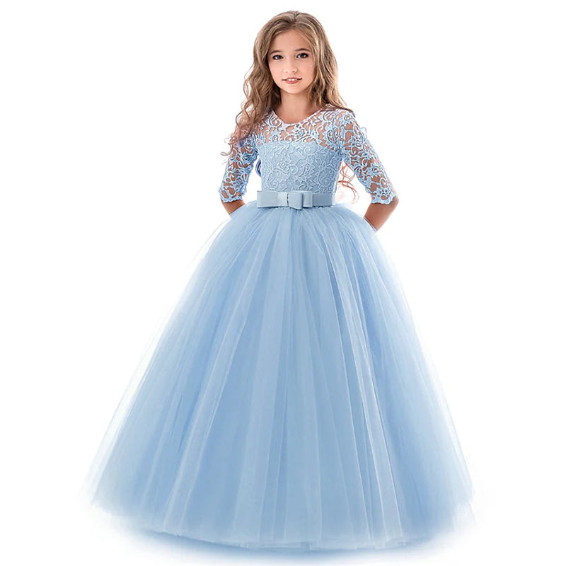 Girls' Floral Lace Solid Tulle Maxi Short Sleeve Vintage Gowns Dresses Kids' Clothing Blue 5-6 Years - DailySale