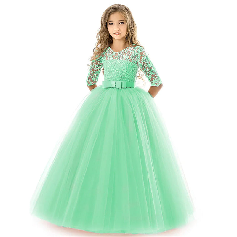 Girls' Floral Lace Solid Tulle Maxi Short Sleeve Vintage Gowns Dresses Kids' Clothing Green 5-6 Years - DailySale