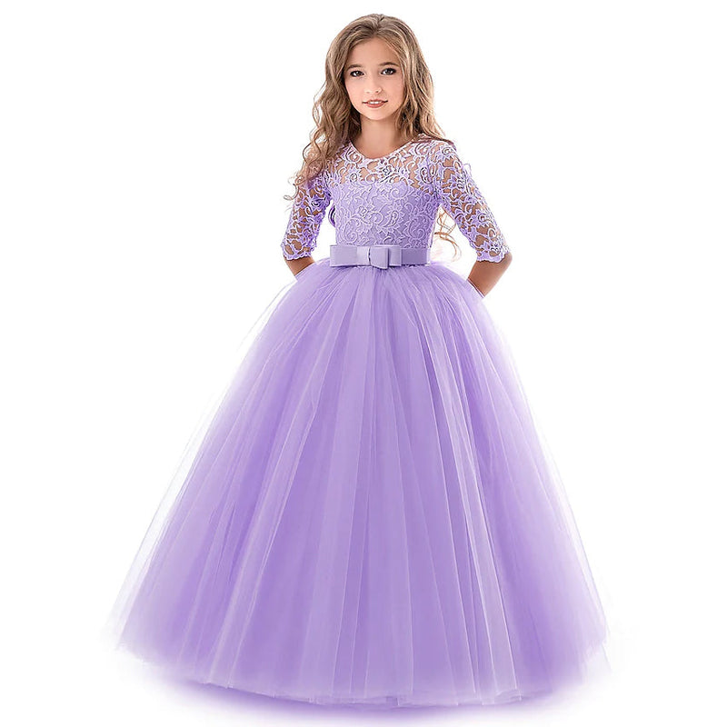 Kid Girl Solid Color Lace Design Short-sleeve Dress