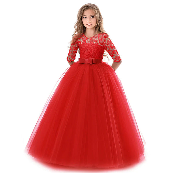 Girls' Floral Lace Solid Tulle Maxi Short Sleeve Vintage Gowns Dresses Kids' Clothing Red 5-6 Years - DailySale
