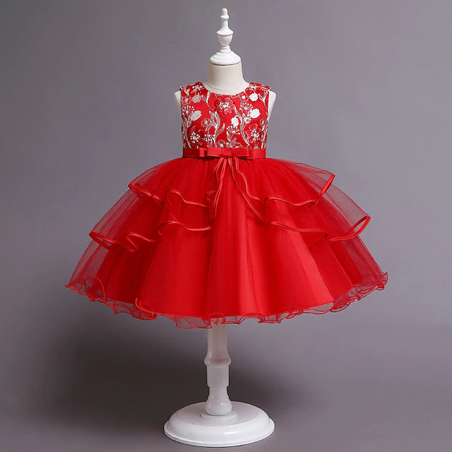 Girls' Patchwork Mesh Bow Party Dress Kids' Clothing Red 2-3 Years - DailySale