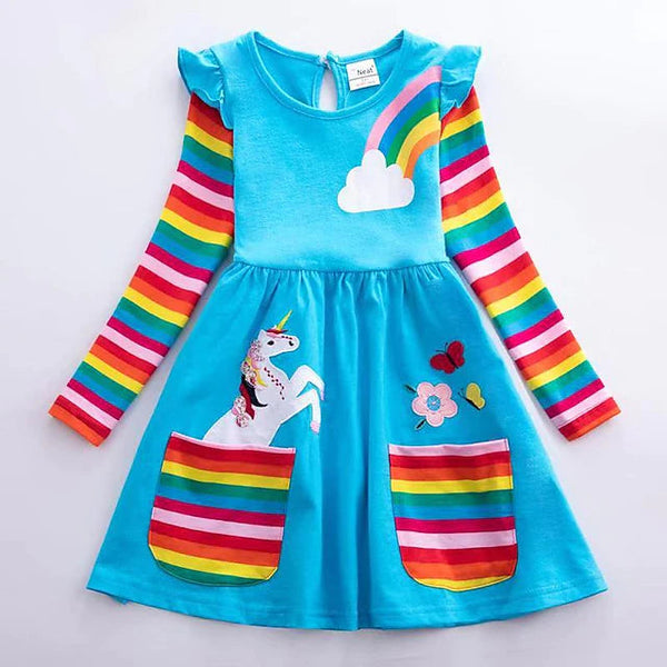 Girls' Unicorn Rainbow Flower Dress Kids' Clothing Blue 3-4 Years - DailySale
