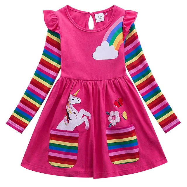 Girls' Unicorn Rainbow Flower Dress Kids' Clothing Fuchsia 3-4 Years - DailySale