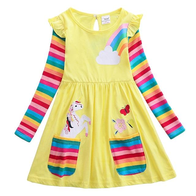 Girls' Unicorn Rainbow Flower Dress Kids' Clothing Yellow 3-4 Years - DailySale