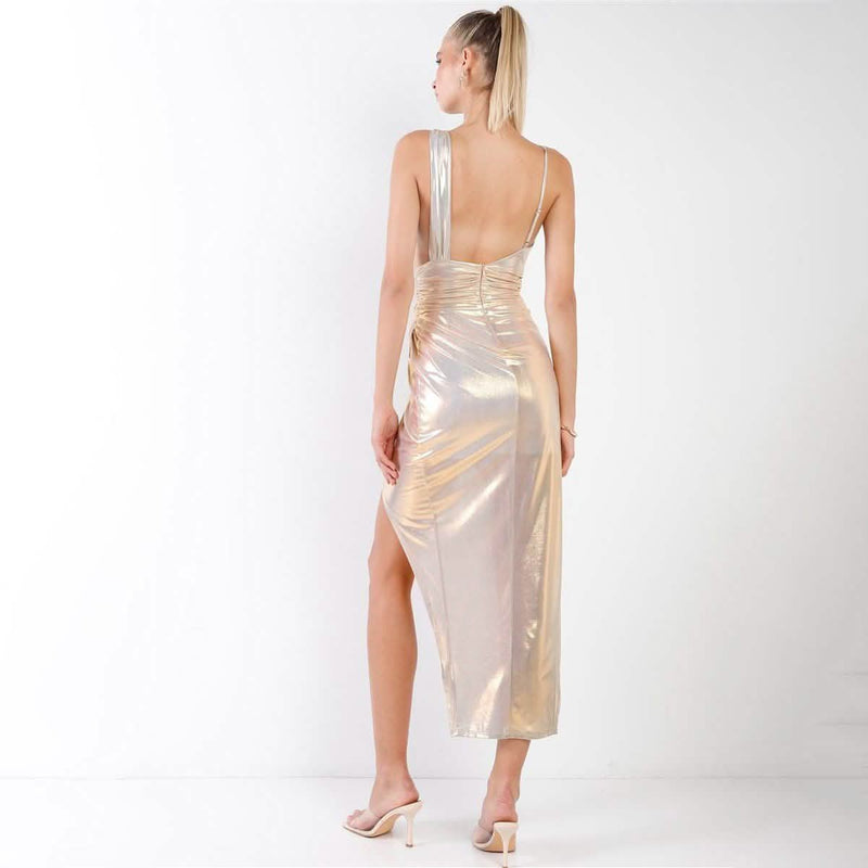 Gold Iridescent V-neck Wrap Gathered Deep Side Slit Different Straps Maxi Dress Women's Dresses - DailySale