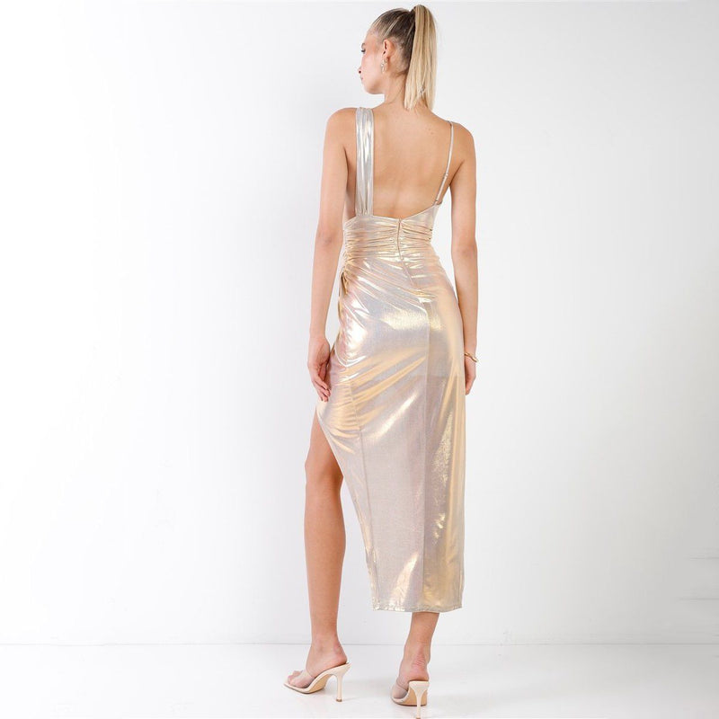 Gold Iridescent V-neck Wrap Gathered Deep Side Slit Different Straps Maxi Dress Women's Dresses - DailySale
