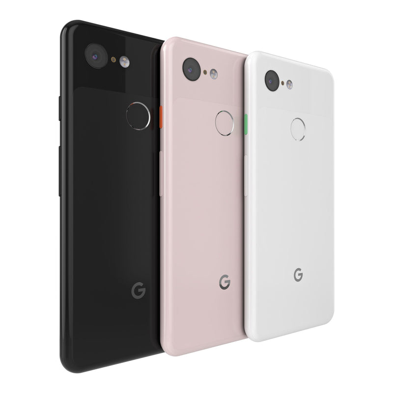 Angled view of three Google Pixel 3 64GB Unlocked phones side by side in all 3 colors (black, white and pink) over a white background