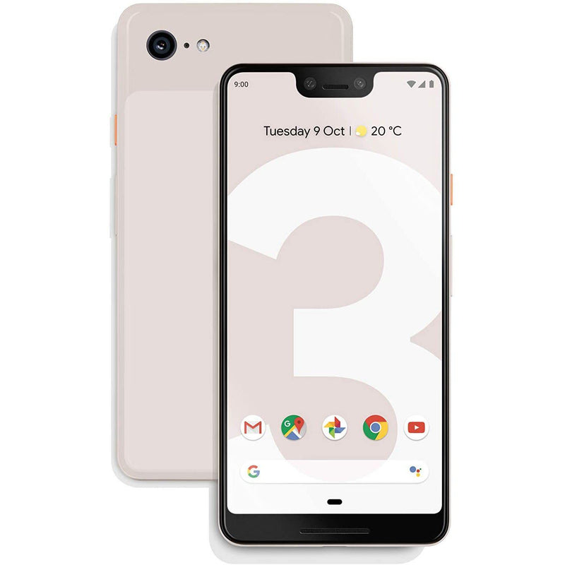 Front and back of Google Pixel 3 64GB Unlocked (Refurbished) in pink over a white background