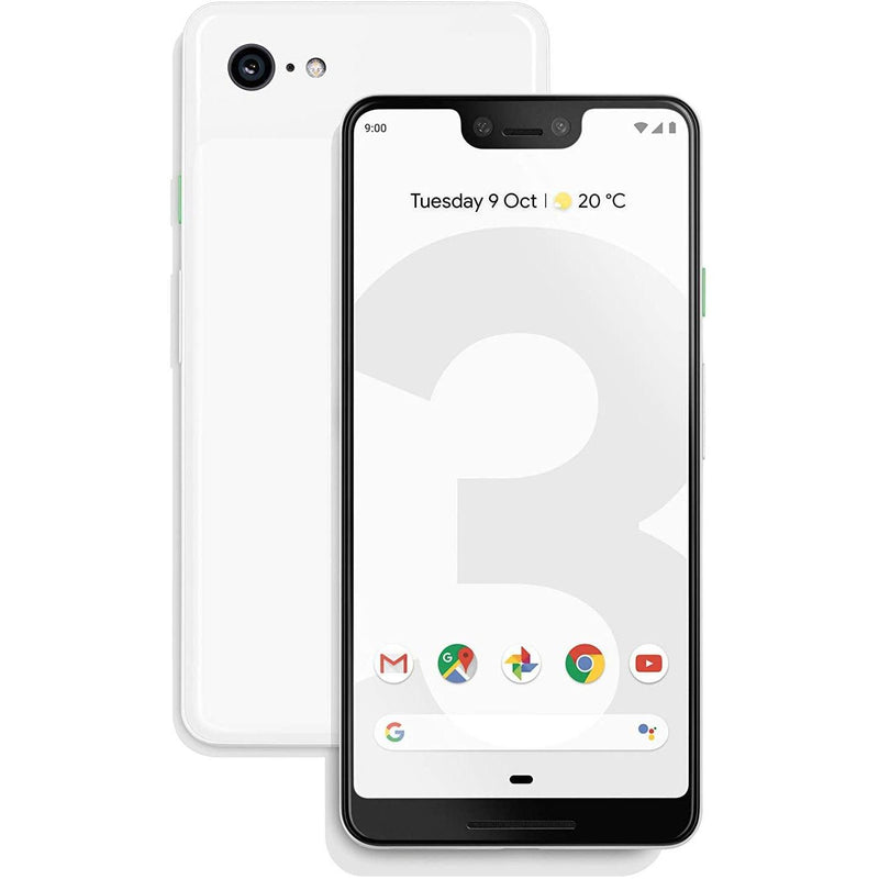 Front and back of Google Pixel 3 64GB Unlocked (Refurbished) in white over a white background