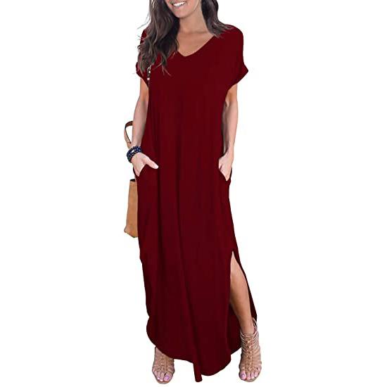 GRECERELLE Women's Casual Loose Pocket Split Maxi Dress Women's Clothing Burgundy S - DailySale