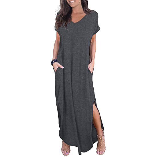 GRECERELLE Women's Casual Loose Pocket Split Maxi Dress Women's Clothing Dark Gray S - DailySale