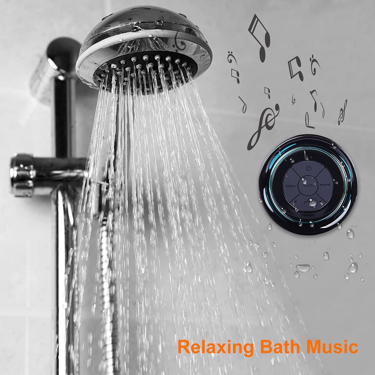 HAISSKY Portable Wireless Waterproof Speaker with FM Radio shown installed in shower stall