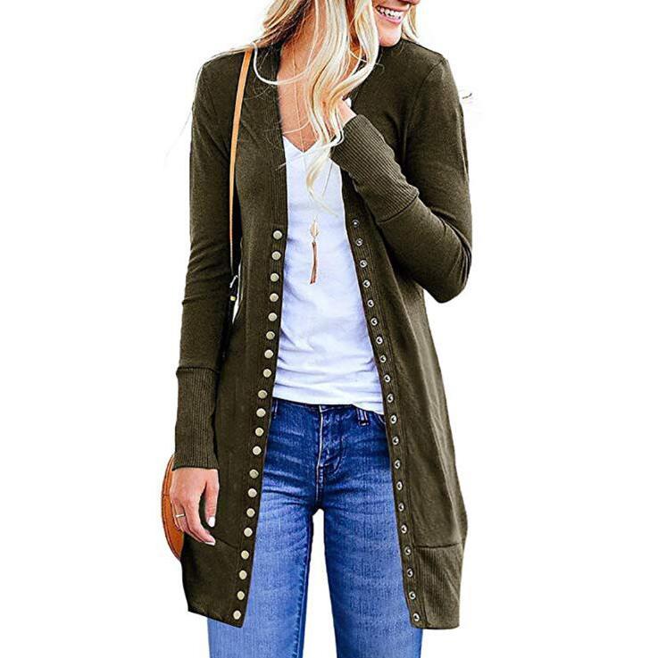 Halife Women's Long Sleeve Snap Button Down Knit Ribbed Neckline Cardigan Sweater Women's Clothing Army Green S - DailySale